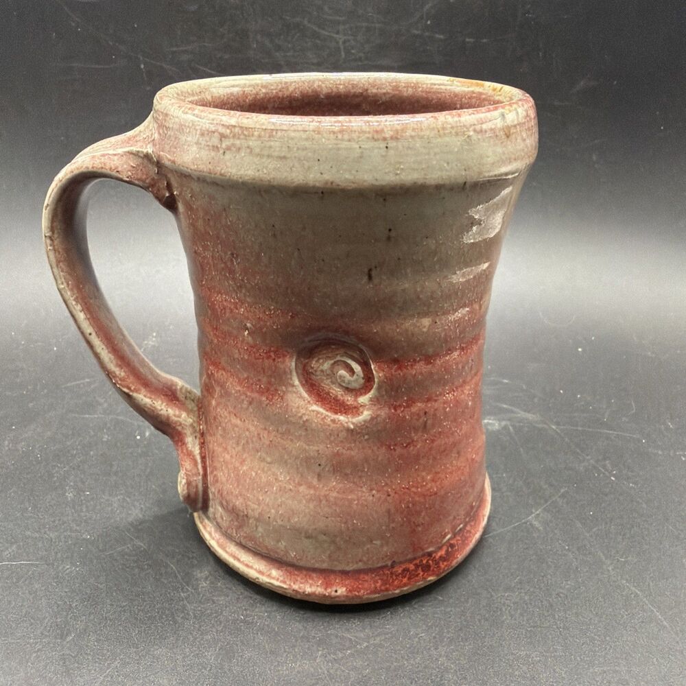 Studio Pottery Hand Thrown Coffee Mug Cup Red & Tan Glazed Drip Swirls Signed